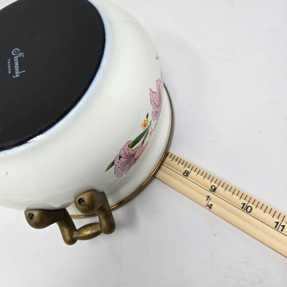 Normandy Taiwan Vintage Lily Floral Enamelware Soup Tureen Pot With Lid & Brass - Picture 10 of 10